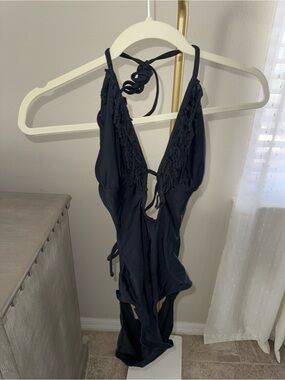 Ninety Nine Degrees Black Fringe Trim Halter Cut Out One-Piece Swimsuit